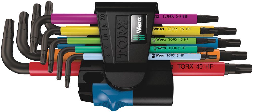 967/9 TX Multicolour HF 1 L-key set with holding function, 1 x TX 8x76; 1 x TX 9x79; 1 x TX 10x85; 1 x TX 15x90; 1 x TX 20x96; 1 x TX 25x104; 1 x TX 27x112; 1 x TX 30x122; 1 x TX 40x132, Wera 05024179001