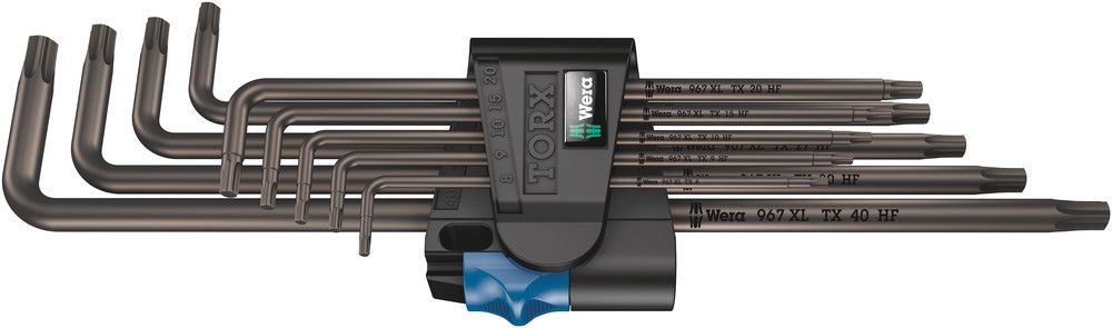 967/9 TX XL HF 1 L-key set with holding function, long, 1 x TX 8x90; 1 x TX 9x101; 1 x TX 10x112; 1 x TX 15x123; 1 x TX 20x137; 1 x TX 25x154; 1 x TX 27x172; 1 x TX 30x195; 1 x TX 40x224, Wera 05024450001