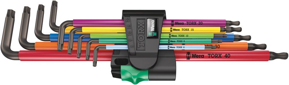 967/9 TX XL Multicolour 1 L-key set for TORX® screws, long, 1 x TX 8x90; 1 x TX 9x101; 1 x TX 10x112; 1 x TX 15x123; 1 x TX 20x137; 1 x TX 25x154; 1 x TX 27x172; 1 x TX 30x195; 1 x TX 40x224, Wera 05024480001