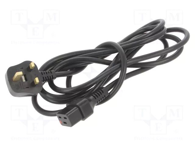 Cable; BS 1363 (G) plug,IEC C19 female; 3m; black; 16A; 250V; IP20 SCHAFFNER / TE Connectivity SCHAFFNER-821598