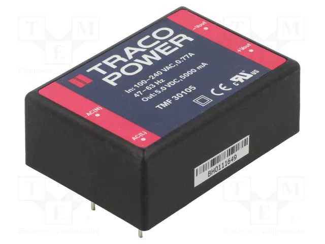 Converter: AC/DC; 25W; Uin: 90÷264VAC,120÷370VDC; Uout: 5VDC; 82% TRACO POWER TMF30105
