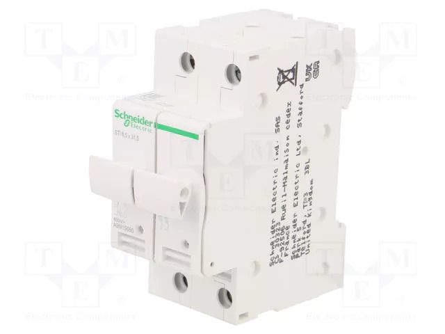 Fuse base; 8.5x31.5mm; for DIN rail mounting; 10A; Poles: 2 SCHNEIDER ELECTRIC A9N15650