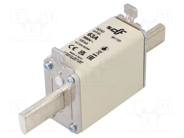 Fuse: fuse; 63A; 500VAC; 250VDC; gG; ceramic; NH0 DF ELECTRIC 381155