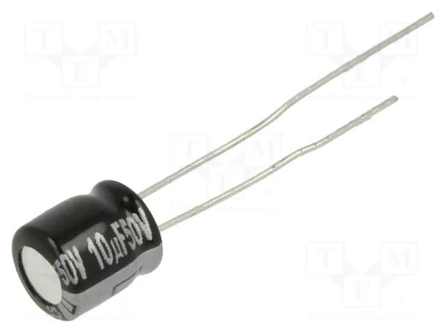 Capacitor: electrolytic; THT; 10uF; 50VDC; Ø6.3x7mm; Pitch: 2.5mm PANASONIC EEAGA1H100H