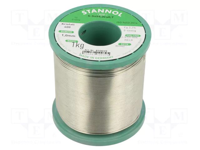Tin; lead free; Sn99,3Cu0,7; 1mm; 1kg; reel; 227°C; Flux cont: 2.2% STANNOL S99C1K400/1.0/1.0