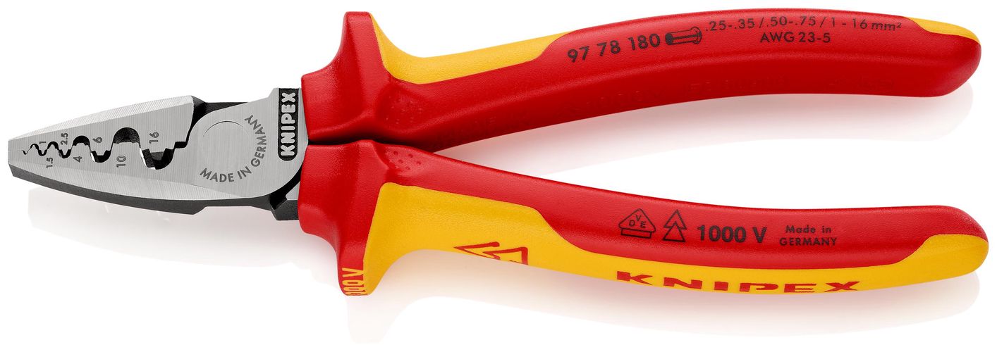 KNIPEX 97 78 180 SB Crimping Pliers for wire ferrules insulated with multi-component grips, VDE-tested 180 mm 97 78 180 SB 4003773083146