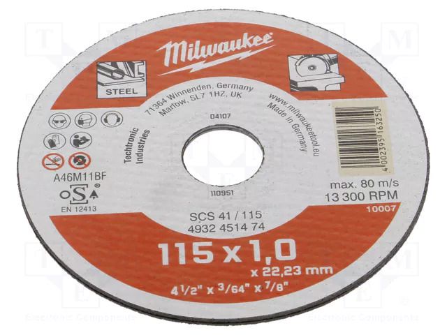 Cutting wheel; Ø: 115mm; Disc thick: 1mm; steel; 22.2mm Milwaukee MW-4932451474