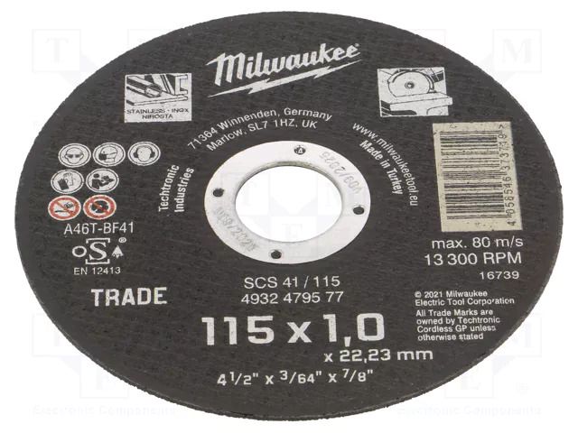 Cutting wheel; Ø: 115mm; Disc thick: 1mm; steel; 22.2mm Milwaukee MW-4932479577