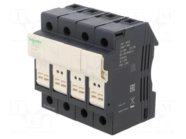 Fuse base; 8.5x31.5mm; for DIN rail mounting; 25A; Poles: 3 SCHNEIDER ELECTRIC DF83N