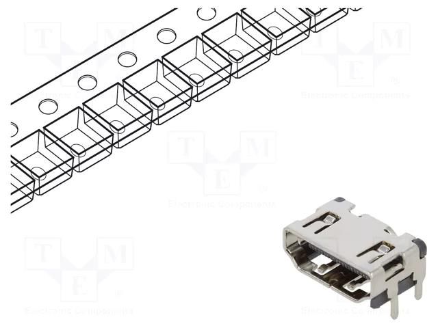 Connector: HDMI; socket; PIN: 19; gold flash; angled 90°; SMT AMPHENOL COMMUNICATIONS SOLUTIONS 10029449-111RLF