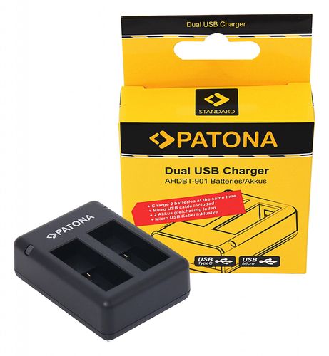 PATONA GoPro Hero 9 Hero 10 Hero 11 AHDBT901 ADBAT001 ADDBD-211 USB Dual Charger incl. Micro-USB cable, PATONA 9885 4055655225373