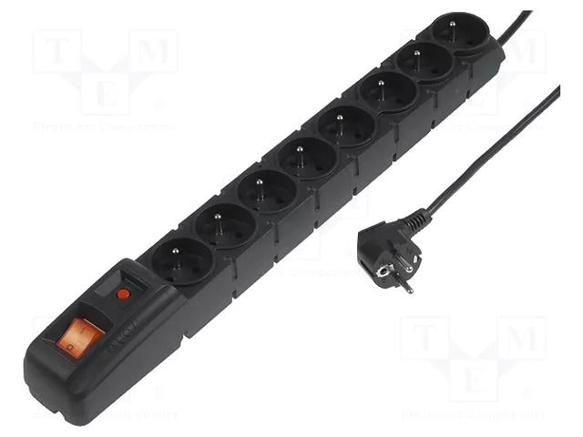 Plug socket strip: protective; Sockets: 8; 230VAC; 10A; black HSK DATA ACAR-S8-3B