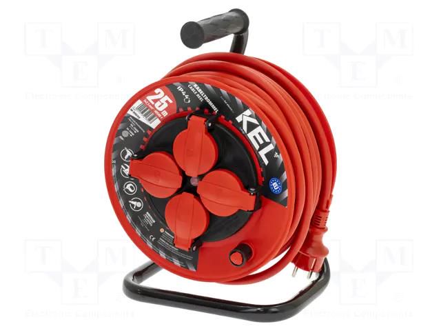 Extension lead; 3x2.5mm2; reel; Sockets: 4; rubber; red; 25m; 16A KEL W-98699