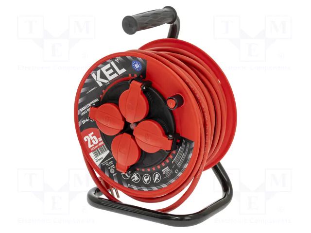 Extension lead; 3x1.5mm2; reel; Sockets: 4; rubber; red; 25m; 16A KEL W-98692