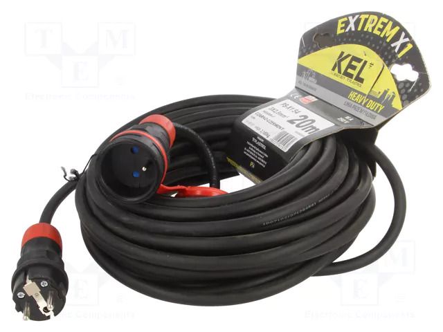 Extension lead; 3x2.5mm2; Sockets: 1; rubber; black; 20m; 16A KEL W-99181