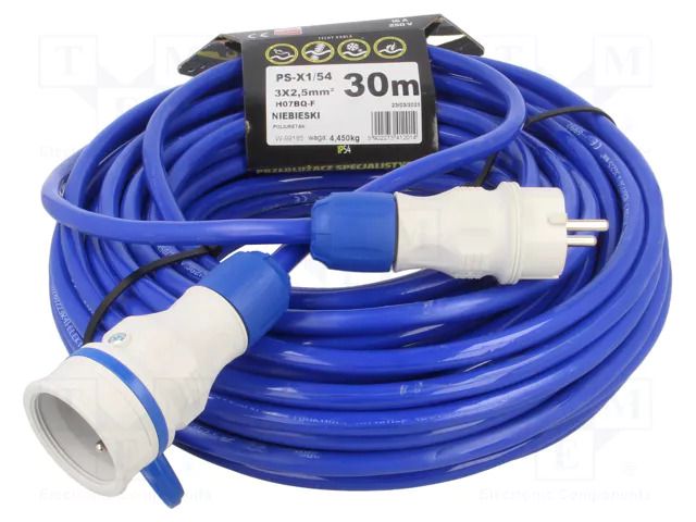 Extension lead; 3x2.5mm2; Sockets: 1; PUR; blue; 30m; 16A KEL W-99185