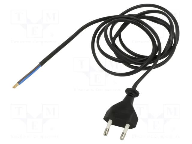 Cable; 2x0.75mm2; CEE 7/16 (C) plug,wires; PVC; 1.9m; black; 2.5A JONEX WJ-11-2/07/1.9BK
