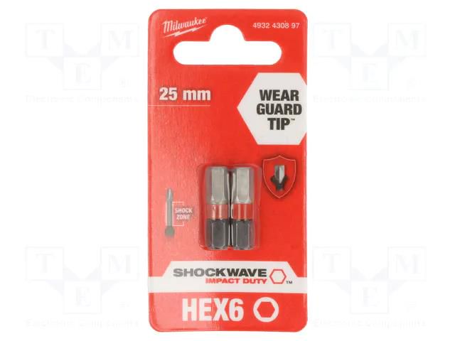 Screwdriver bit; hex key; HEX 6mm; Kind: impact; Overall len: 25mm Milwaukee MW-4932430897
