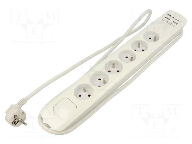 Plug socket strip: protective; Sockets: 6; 230VAC; 16A; white QOLTEC QS-50284