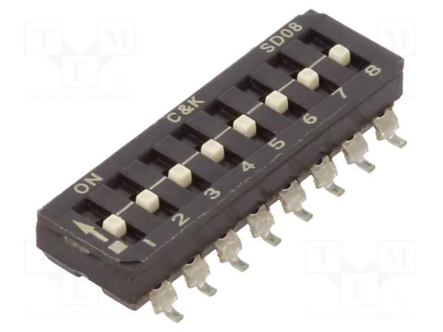 Switch: DIP-SWITCH; Poles number: 8; ON-OFF; 0.1A/50VDC; Pos: 2; SMT C&K SD08H1SB