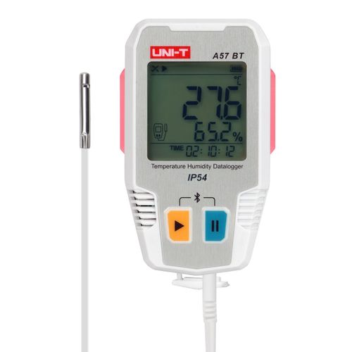 Temperatūros ir drėgmės duomenų kaupiklis, -40 ~ 85C, 0%~100% RH, 64000 taškų, IP54, Bluetooth, UNI-T A57BT 6935750557051