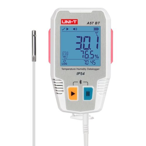 Temperatūros ir drėgmės duomenų kaupiklis, -40 ~ 85C, 0%~100% RH, 64000 taškų, IP54, Bluetooth, UNI-T A57BT 6935750557051