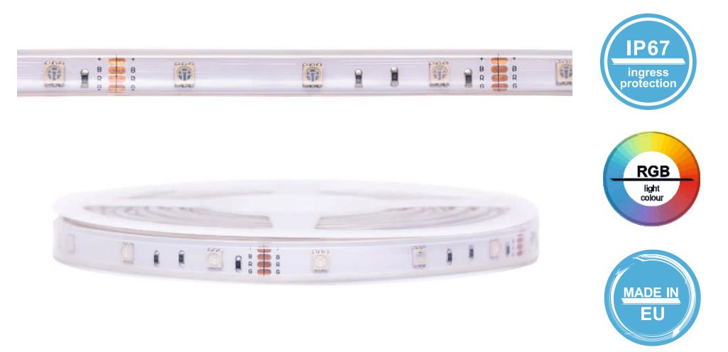 LED juosta 12V 7.2W/m, 12VDC, 30 LEDS/m, hermetiška, IP67,  RGB, FlexLine AKTO AFL-30C72HT-RGB