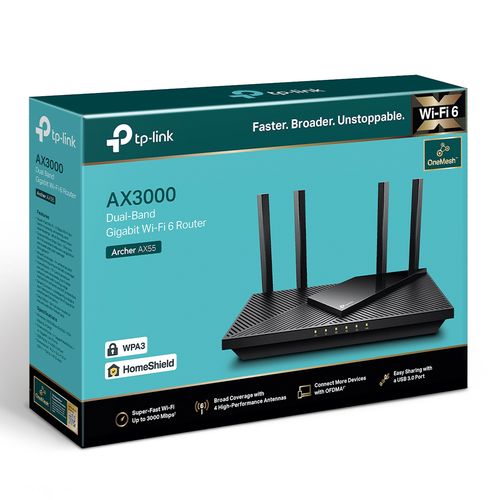 Maršrutizatorius Wi-Fi 2.4GHz 574Mbit/s + 5GHz 2402Mbit/s 4xLAN Gigabit ARCHER-AX55 4897098683040