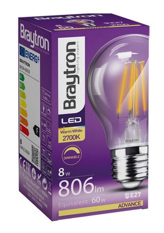 LED lemputė E27 230V A60 8W 806lm, FILAMENT, šiltai balta 2700K, pritemdoma BA38-60820 5949097720154