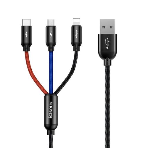 Kabelis USB A kištukas - 3 kištukai (USB C, micro USB, Lightning) 1.2m skirtas įrenginių krovimui (neperduoda duomenų), juodas BASEUS CAMLT-BSY01 6953156273948