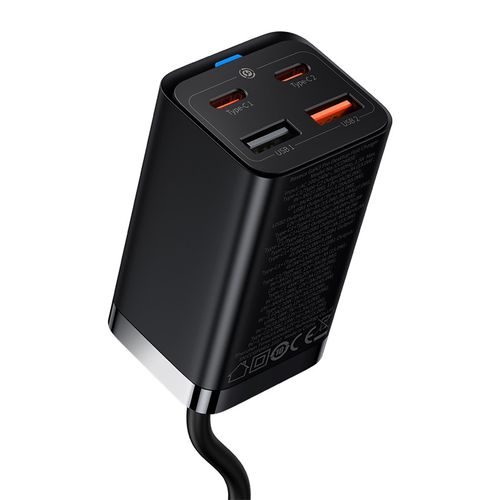 Sieninis įkroviklis GaN3 Pro 65W 2xUSB + 2xUSB-C QC4+ PD3.0 su USB-C 1.5m laidu, juodas CCGP040101 6932172600334