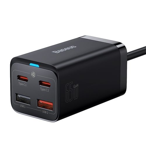 Sieninis įkroviklis GaN3 Pro 65W 2xUSB + 2xUSB-C QC4+ PD3.0 su USB-C 1.5m laidu, juodas CCGP040101 6932172600334