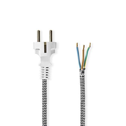 Power Cable | Plug with earth contact male | Open | Straight | Straight | Nickel Plated | 3.00 m | Round | Cotton | Black / White | Label CEGL11930WT 5412810427673