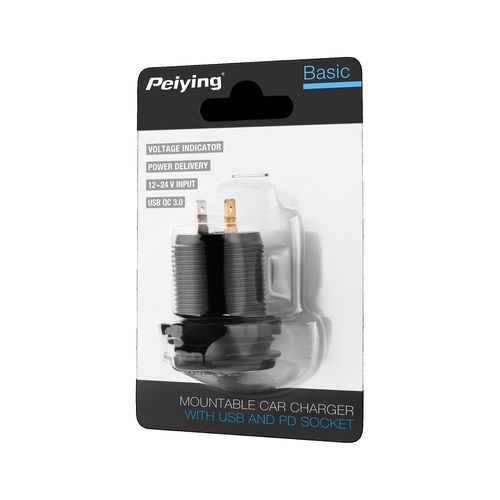 Montuojamas automobilinis įkroviklis 12-24V USB + USB-C QC3.0 PD su įtampos indikacija CHR0006 5901890076203