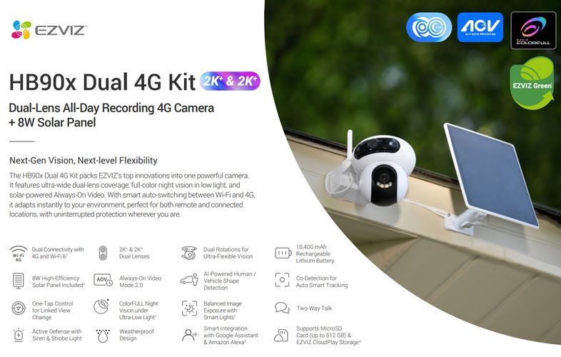 Bevielė Wi-Fi + 4G/LTE kamera HB90x 4MP + 4MP, su saulės panele, 10400mAh, MicroSD CS-HB90x/SP 6941545640037