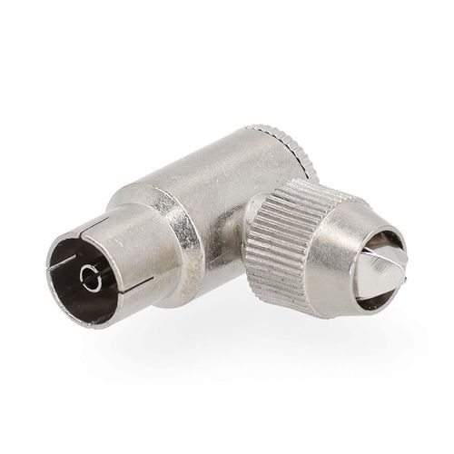 IEC (Coax) Connector | Angled 90° | Female | Nickel Plated | 75 Ohm | Screw | Cable input diameter: 7.0 mm | Metal | Silver | 2 pcs | Gift Box with Euro Lock CSGB40925ME 5412810454266