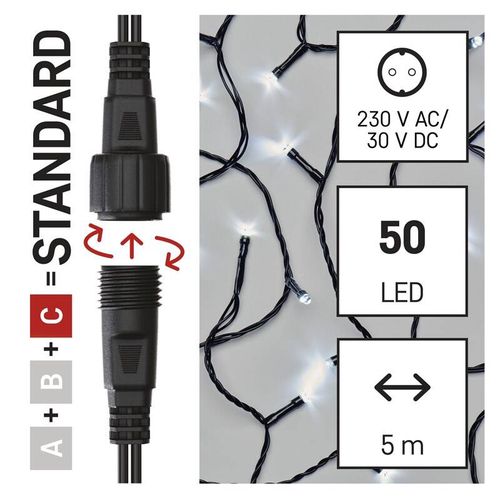 LED girlianda, 30Vdc, 5m, 50 x LED, šaltai balta, sujungiama, be maitinimo šaltinio, EMOS D1AC02 8592920094754