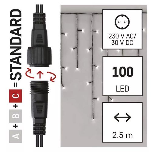 LED girlianda/užuolaida, 30Vdc, 2.5x0.9m, 100 x LED, šaltai balta, sujungiama, be maitinimo šaltinio, EMOS D1CC01 8592920094778