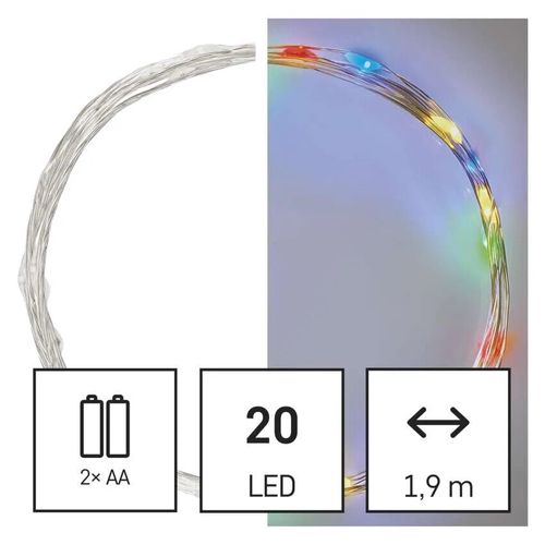 LED girlianda NANO, 3Vac (2xAA), 1.9m, 20 x LED, įvairių spalvų LED, su laikmačiu, EMOS D3AM04 8592920095324