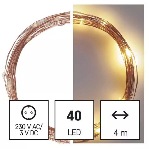 LED garland NANO, 230Vac, 4m, 40 x LED, warm white, timer function, EMOS D3AW01 8592920095096