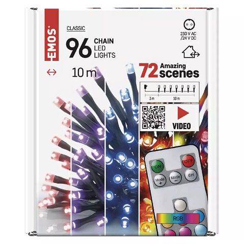 Светодиодная гирлянда, 230Vac, 10м, 96 x LED, RGB, контроллер, IR -пульт дистанционного управления, EMOS D4AA02 8592920100202