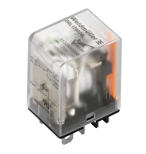 DRL173524L Power relay, 24 V AC 1CO, AgSnO, 16 A, LED, Flat blade connections (4.8 mm x 0.5 mm), Weidmuller 2765370000 4064675076827