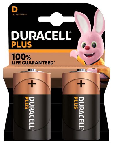 Šarminė baterija LR20 (MN1300/D) 1.5V Duracell 100% Plus Power (2vnt blisteryje) R20A/DUR/U/PLUS-BL2