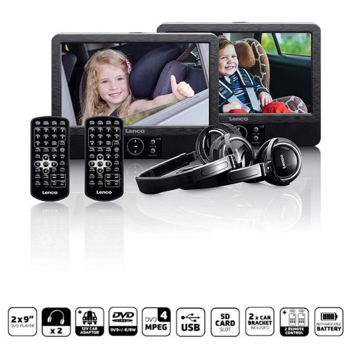 2x 9” portable DVD player with USB SD built-in battery headphone and bracket Black DVP-939