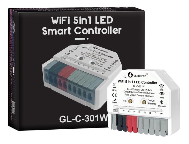 LED valdiklis Wi-Fi + RF MINI, 12-24Vdc, 6A/CH, 10A MAX, RGB, RGBW, RGB+CCT, CCT, DIM, PUSH-DIM GL-C-301W 6978699220136