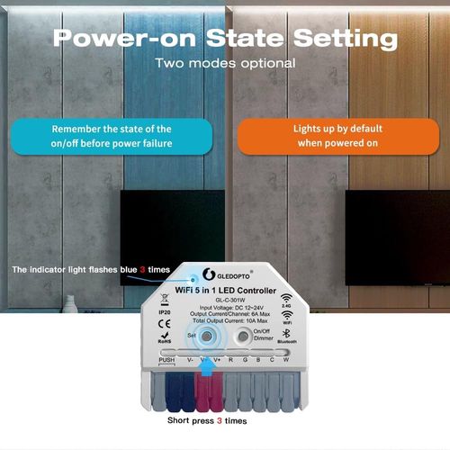 LED valdiklis Wi-Fi + RF MINI, 12-24Vdc, 6A/CH, 10A MAX, RGB, RGBW, RGB+CCT, CCT, DIM, PUSH-DIM GL-C-301W 6978699220136