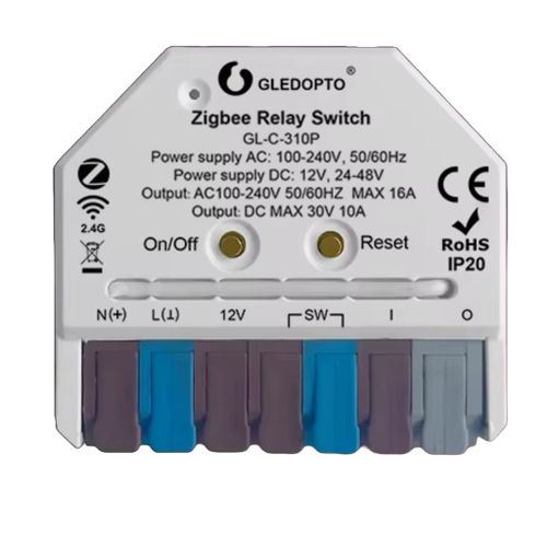 Išmani relė MINI, ZigBee + RF, 230Vac / 12-48Vdc, su jungiklio jungtimi, MQTT GL-C-310P 6978699220105
