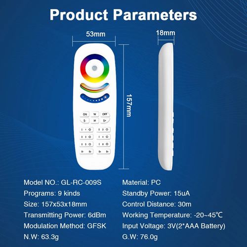 Remote control for GLEDOPTO RF controllers, 8 zonų, RGB + CCT / DIM GL-RC-009S 6978699220150