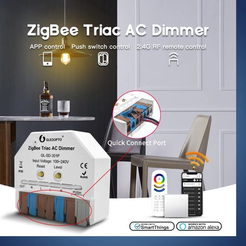 Šviesos valdiklis TRIAC, MINI, ZigBee + RF, 230Vac, 200W, PUSH-DIM, MQTT GL-SD-301P 6978699220099