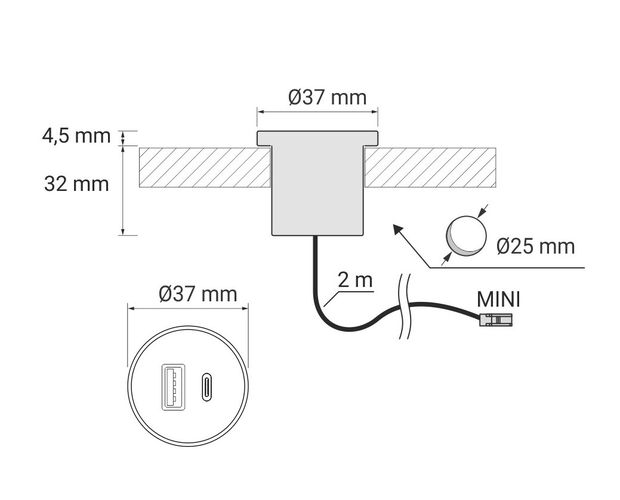 Įleidžiamas USB kroviklis, baldinis, su 12Vdc įėj. USB-A + USB-C, 2.1A, su L813 jungtimi Design Light GNI-USB-CZ-03 5908293403865
